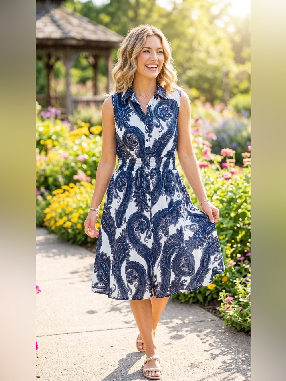 SIZE XL Laurie Felt® NEW Women's Blue Paisley Smocked Waist Button Shirt Dress